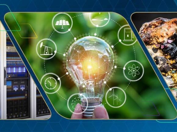 Georgia Tech Energy Day 2026 Header Image with three boxes showing an image of a datacenter, an electric bulb with energy sources around it and a multi-colored critical mineral 